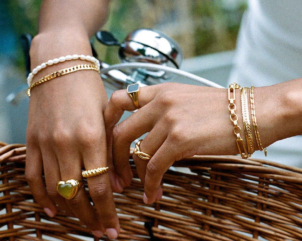 Stack of Minimalist Gold Bangles on a Wrist